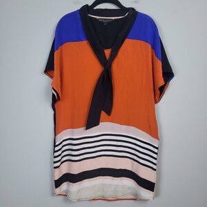 Twinkle by Wenlan Womens 100% Silk Mini Shirt Dress Blue Orange Sz 2 Colorblock